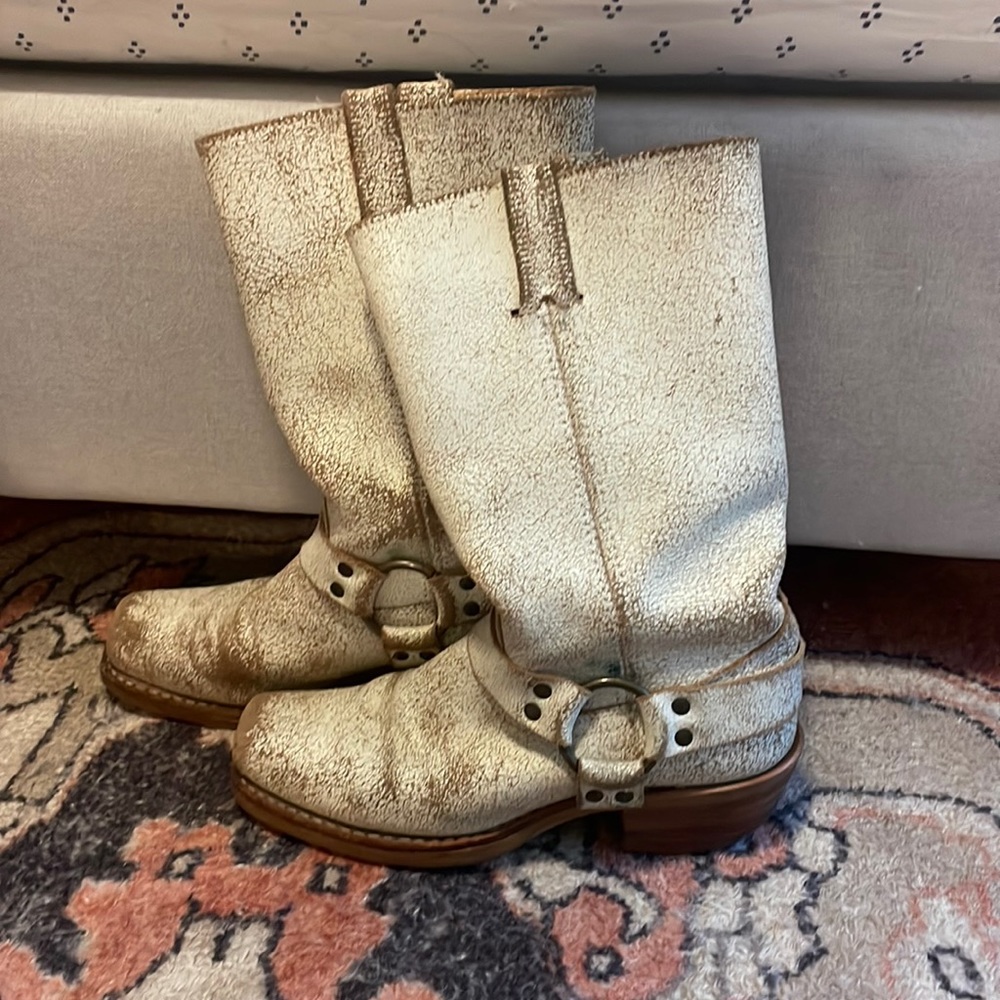 FRYE 77300 White Leather Harness Motorcycle Boots 12r Women's Size 8